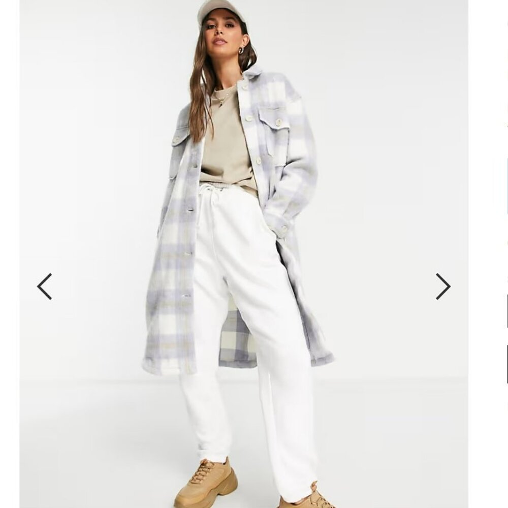 New Look Tall Longline Shacket in Blue Check Flannel ASOS 111953934 Size 8